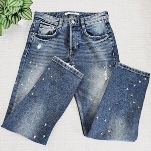 ZARA Star Stud Mid Rise Straight Jean Medium Light Wash SZ 2